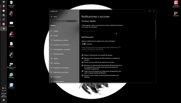 Activar las opciones de notificaciones en la configuración de Windows.