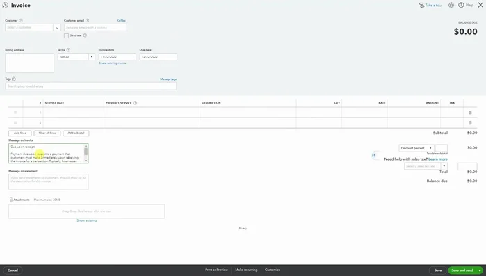 Confirmar que el mensaje se agrega automáticamente a cada factura antes de seleccionar al cliente.