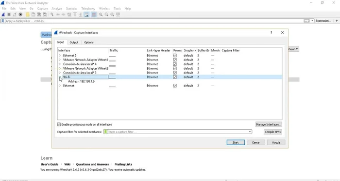 En 'Opciones de salida', configurar la captura para guardar en un archivo o crear un búfer de archivos.