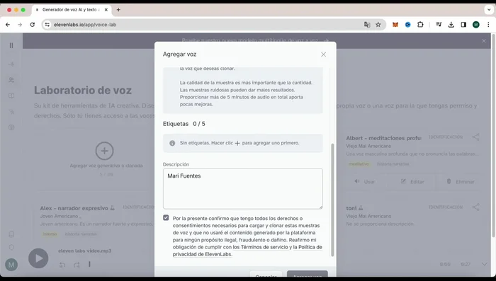Graba varias muestras de voz (mínimo 10 minutos para una clonación profesional) o sube archivos de audio en MP3.