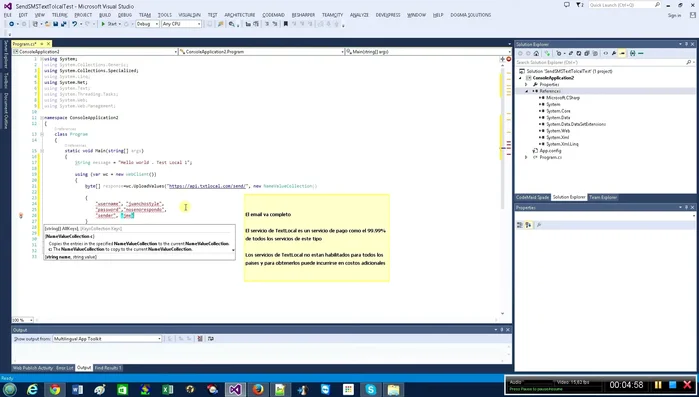 Especificar parámetros adicionales: sender (remitente), message (mensaje) y números de teléfono (separados por comas).
