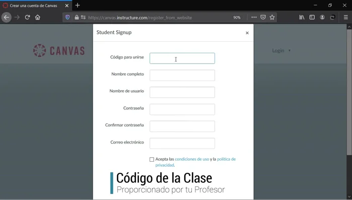 Ingresar el código de la clase (proporcionado por el instructor).