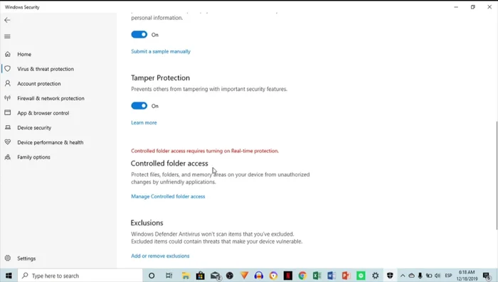 Desactiva la opción 'Administración de acceso a carpetas controlado'.