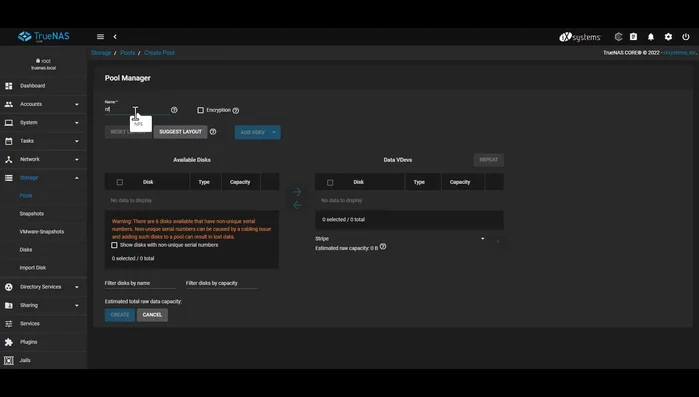 Nombrar el pool (ej: 'nfs'). Seleccionar los discos duros y agregarlos al pool.