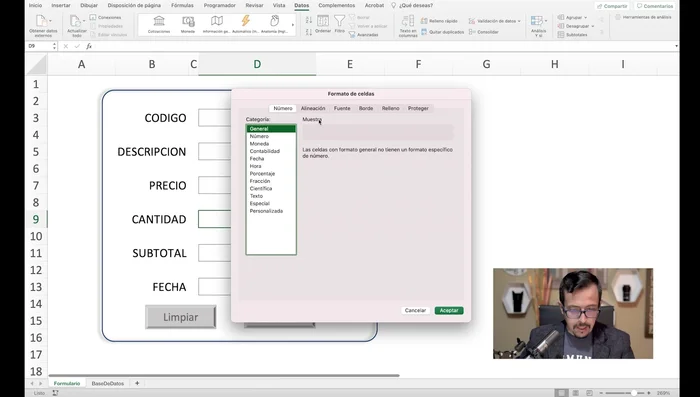 Dar formato a las celdas: Aplicar formato de moneda a las celdas "Precio" y "Subtotal", y formato de fecha a la celda "Fecha".