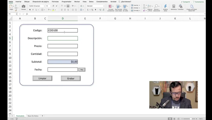 Diseñar el formulario: Crear las celdas para el código, descripción, precio, cantidad, subtotal y fecha. Alinear a la derecha las etiquetas y reducir el ancho de las columnas.