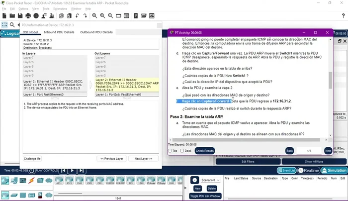 Observar que el switch solo envía una copia de la trama ARP en la respuesta, ya que conoce la dirección MAC de destino.