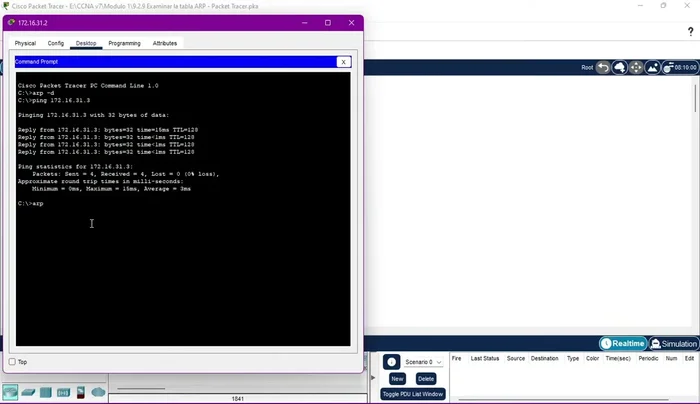 Ingresar el comando `arp -a` en 172.16.31.2 para mostrar la tabla ARP.