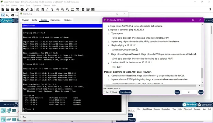 Ingresar el comando `arp -d` para borrar la tabla ARP y repetir el ping para observar nuevamente el proceso ARP.