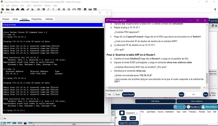 Observar que en el router 1, el comando `show mac address-table` no funciona para mostrar la tabla ARP; se debe usar el comando `show ip arp`.