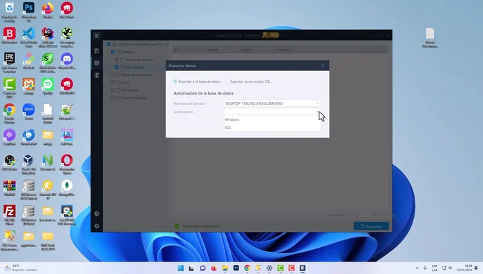 Elegir el servidor y la autenticación (Windows Authentication es común).