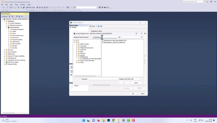 Adjuntar la base de datos reparada usando la opción 'Attach' en SQL Server Management Studio.