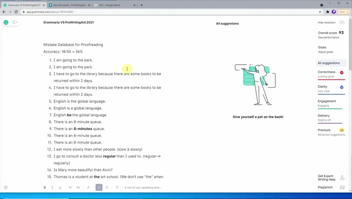 Análisis de resultados: Se indica que la precisión de Grammarly es del 36% y la de ProWritingAid es del 32%. Se discute un ejemplo específico para ilustrar las diferencias en la detección de errores.