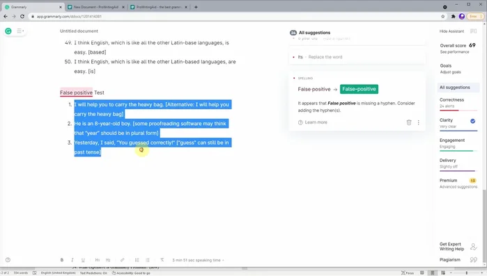 Explicación de la prueba de falsos positivos: se evaluará si los correctores marcan como incorrecta alguna oración correcta.