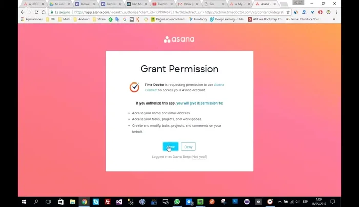 Autorizar el acceso de Time Doctor a tu cuenta de Asana. Se te solicitará iniciar sesión en Asana si aún no lo has hecho.